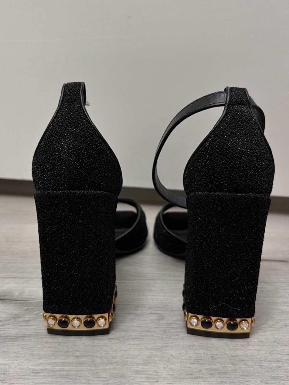 Dolce & Gabbana Black Glitter Crisscross Ankle Strap Block Heels - Picture 4 of 5